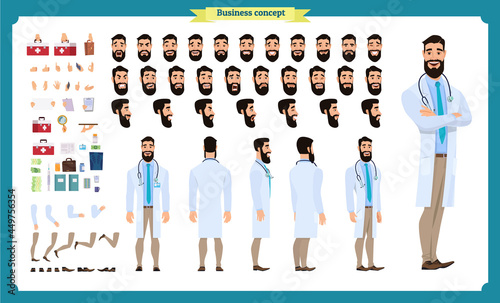 Front, side, back view animated character. Doctor character creation set with various views, face emotions, poses and gestures. Cartoon style, flat vector illustration.Isolated on white.Male doctor