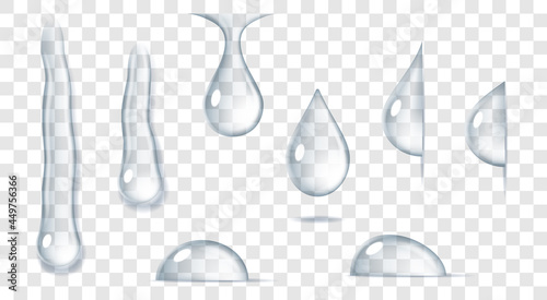 Realistic pure droplets of clear fresh water drop, rain. Set of liquid bubbles on transparent