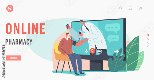 Online Pharmacy Landing Page Template. Online Healthcare Service. Doctor in White Coat on Pc Screen Measuring Blood