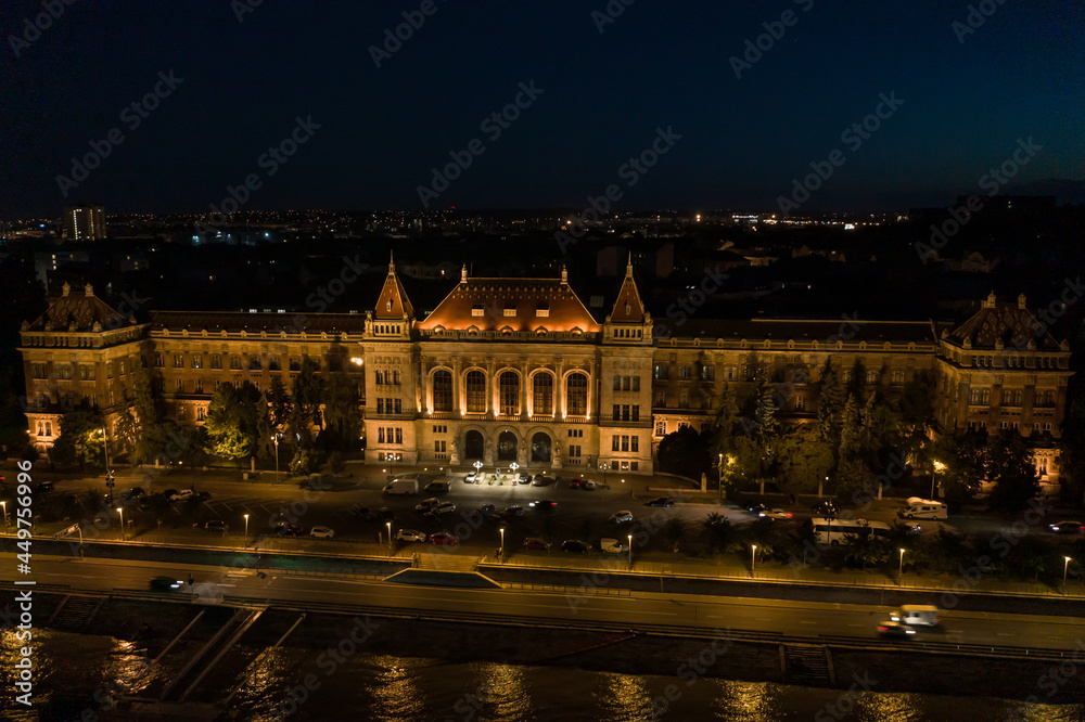 Hungary - University of Technology and Economics of Budapest at night from drone view