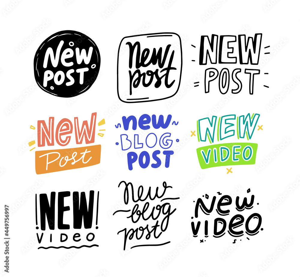 Set New Post and Video Banners, Cartoon and Monochrome Icons or Emblems in Doodle Style. Design Element, Sticker