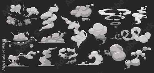 Set Cartoon Smoke, Bomb Explosion, Comic Boom Clouds, White Aroma or Toxic Steaming Vapour, Dust Steam Design Elements