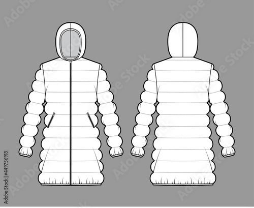 Hooded jacket Down puffer coat technical fashion illustration with zip-up closure, oversized, thigh length, classic quilting. Flat template front, back, white color style. Women, men, unisex top CAD