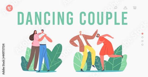 Couple Dancing Landing Page Template. Men and Women Characters Active Sparetime, Lifestyle, Lovers or Friends on Disco