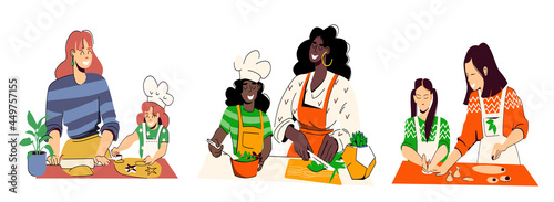 Set of illustrations of mom cook with daughters caucasian, black and asian. Diversity. Vector illustration in cartoon style isolated on white background