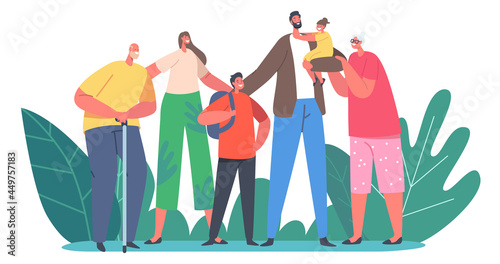 Happy Family Concept. Parents, Grandparents and Children Characters, Holding Hands, Embrace and Smiling, Generation