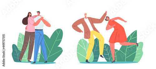 Young Couple Characters Dancing. Men and Women in Festive Clothing Sparetime, Active Lifestyle, Lovers or Friends Disco