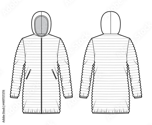 Down puffer coat jacket technical fashion illustration with long sleeves, hoody collar, pockets, oversized, hip length. Flat template front, back, white color style. Women, men, unisex top CAD mockup