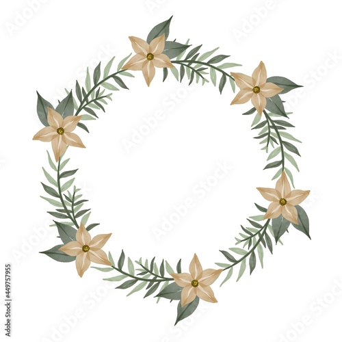 circle frame with cream star flower and green leaf border for greeting and wedding card