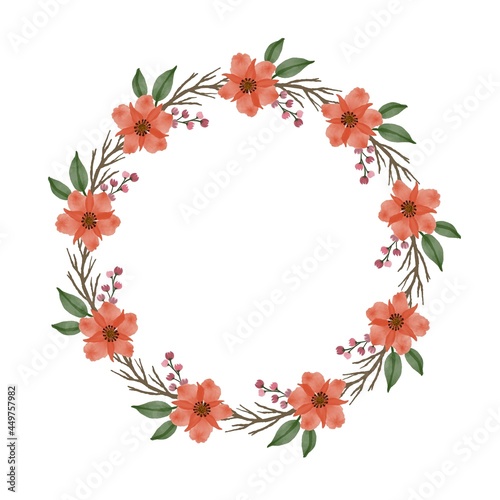 orange wreath  circle frame with orange flowers  branch and leaves border for greeting and wedding card