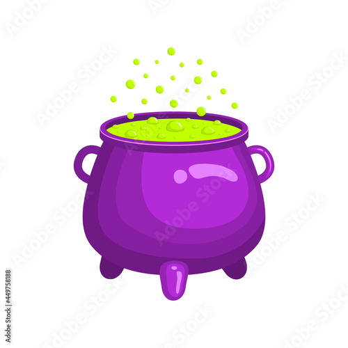 Purple witch cauldron with green bubbling liquid isolated on white background. Magic potion. Witchcraft equipment. Halloween design element. Vector cartoon illustration.