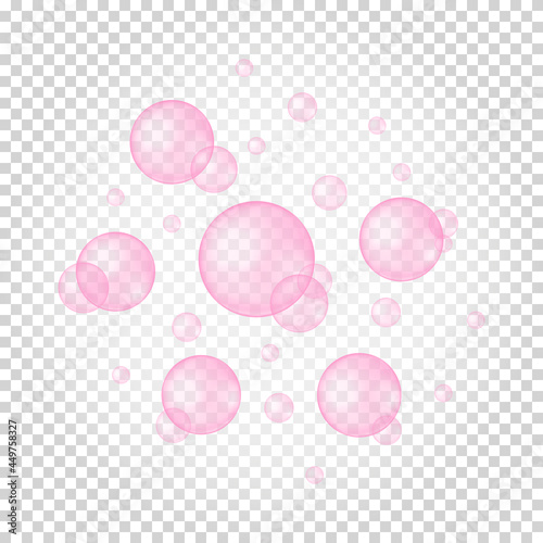 Floating pink bubbles on transparent background. Soap foam, bath suds, cleanser texture. Fizzy cherry or strawberry water. Bubble gum. Vector realistic illustration.