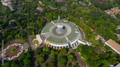 Aerial view of Taman Mini Indonesia Indah as National Landmark in Indonesia with noise cloud. Jakarta, Indonesia