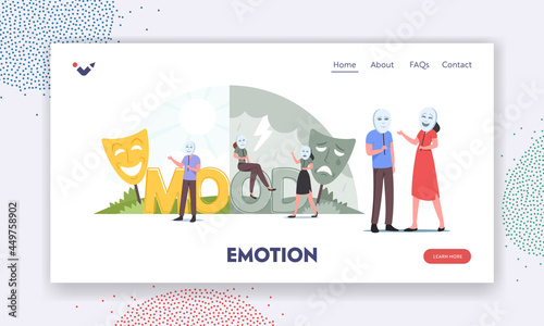 Emotion Landing Page Template. People Wear Good or Bad Mood Masks. Man and Woman in Smiling and Sad Masks