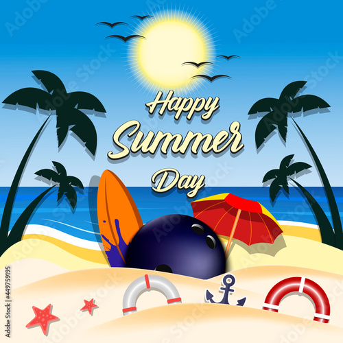 Summer bowling poster. Happy summer day