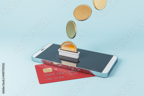 Creative image of smartphone with credit card and abstract coins on blue background. Cash back and digital banking concept. 3D Rendering.