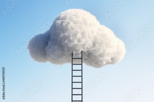 Ladder leading to cloud on blue sky background. Up and success concept. 3D Rendering.