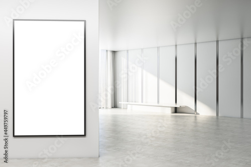 Modern bright concrete interior with empty white mock up poster on wall  bench and window with city view. Gallery concept. 3D Rendering.
