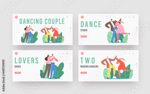 Couple Dancing Landing Page Template Set. Men and Women Characters Active Sparetime, Lifestyle, Lovers or Friends Dance