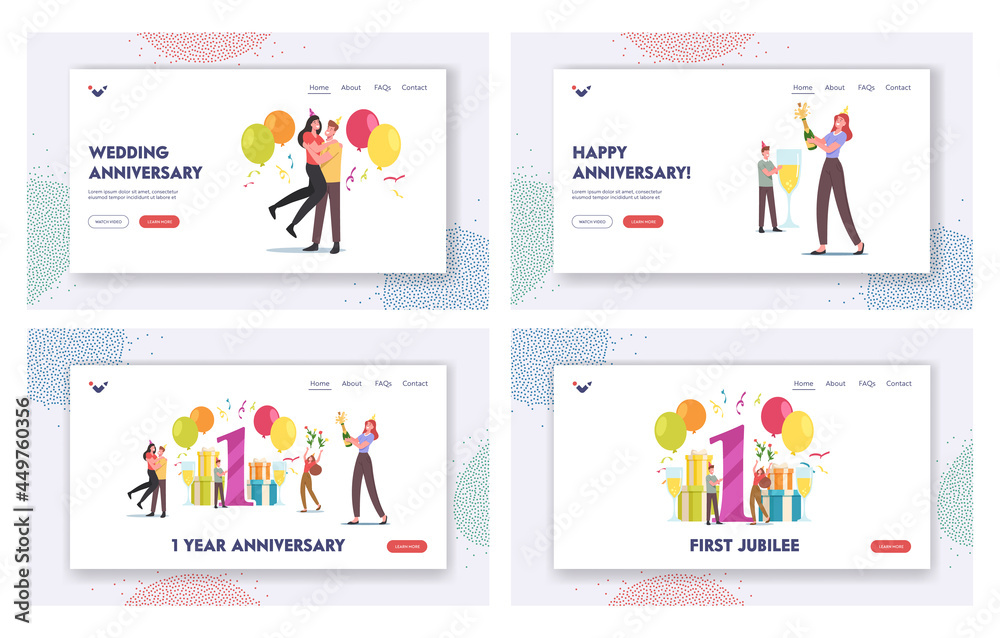 One Year Anniversary Landing Page Template Set. Loving Couple Characters Celebrate Party. Man and Woman Celebration