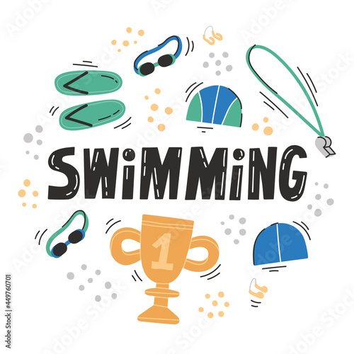 Swimming hand drawn doodle lettering in circle on white background. Nice vector illustration. Isolated flat vector illustration with necessary equipment such as googles, nose clip, swimming slipper. 