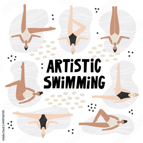 Synchronized swimming. A set with different positions. Isolated flat vector illustration with women, swimmers. Artistic swimming concept. Colorful background.