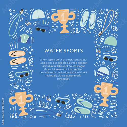 Hand drawn square doodle frame with equipment for swimming. Isolated flat vector illustration with equipment such as googles, nose clip, swimming slipper etc. Template. Sport and swimming pool concept