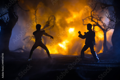 Karate athletes fighting scene on boxing ring with red ropes. Character karate. Posing figure artwork decoration. Sport concept. Decorated foggy background with light. Selective focus
