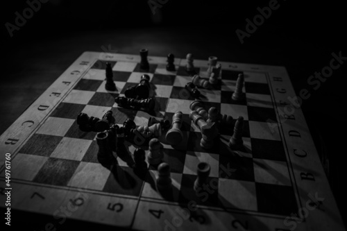 chess board game for ideas and competition and strategy, business success concept. Chess figures on dark