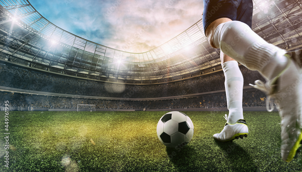 Obraz na płótnie Football scene at the stadium with close up of a soccer shoe kicking the ball w salonie