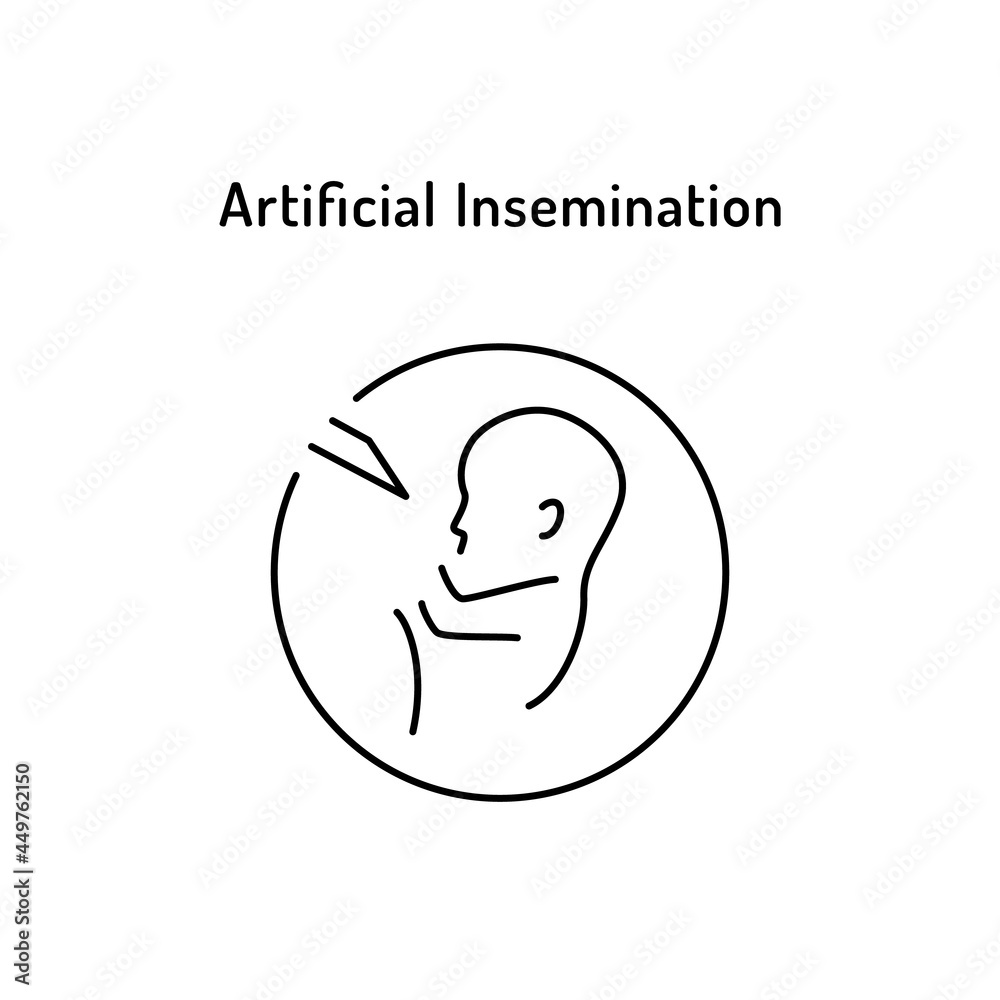 Artificial Insemination linear medical icon with text. Abstract vector illustration of baby. Logo template for human reproduction or in vitro fertilization, gynecology, obstetrics