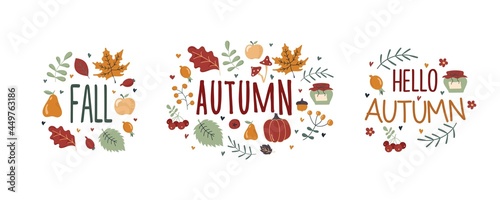 Collection of colored beautiful autumn stickers pack. Autumn hand drawn lettering vector set. Cozy design elements decorative bundle. All objects are separated. Hand drawn. Vector illustration.