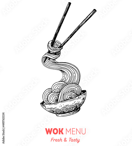 Bowl noodles and chopsticks sketch. Asian food. Chinese, Korean, Japanese cuisine. Logo template. Hand drawn vector illustration photo