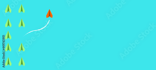 Paper airplanes on blue background, business concept. the red plane going in a different direction from the others. Another business failure in different ways. leadership concept. Vector design EPS 10