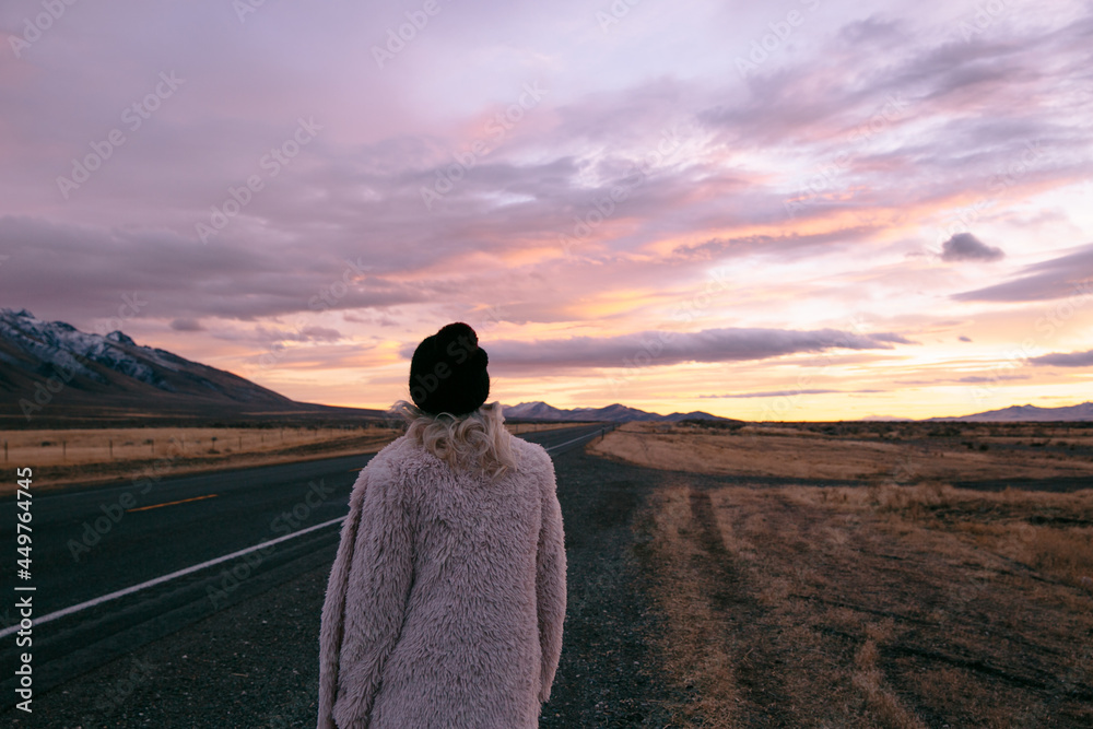 Girl Looking at the Pink Sunset in the Southwest on a Cross Country Road Trip Girl Looking at the Pink Sunset in the Southwest on a Cross Country Road Trip