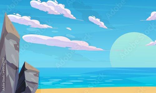 Summer on the beach. rocks and sunshine all around. Cartoon vector illustration. Summer vacation on the sea beach background vector art design © ferdi