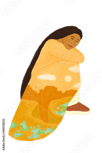 Woman in dress crouching in moccasins