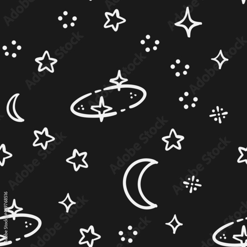 Celestial doodles seamless pattern. Hand drawn stars, planets and moons background texture.