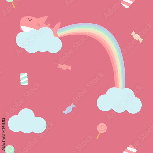 cute shark is sleeping on the cloud with sweets around fabric seamless cute pattern photo