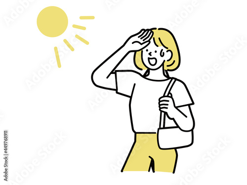 汗をかく女性のイラスト(夏、熱中症、水を飲む、休憩、水分補給、健康、予防、清涼) Illustration of a woman sweating.Summer, heat stroke, drinking water, resting, hydration, health, prevention, refreshing.