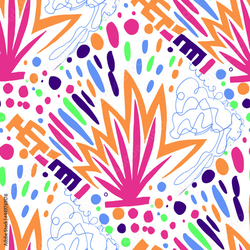 Seamless vector pattern with abstract modern doodles. Bright summer print. Trendy colorful background. Vintage geometric doodles. 