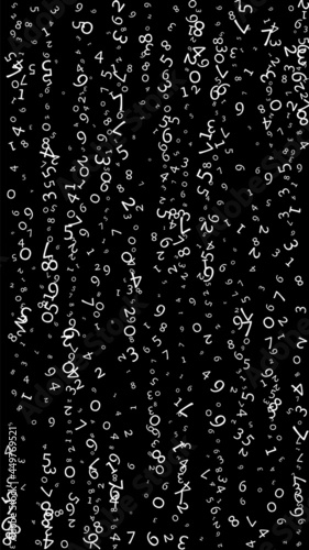 Falling numbers, big data concept. Binary white messy flying digits. Dramatic futuristic banner on black background. Digital vector illustration with falling numbers.