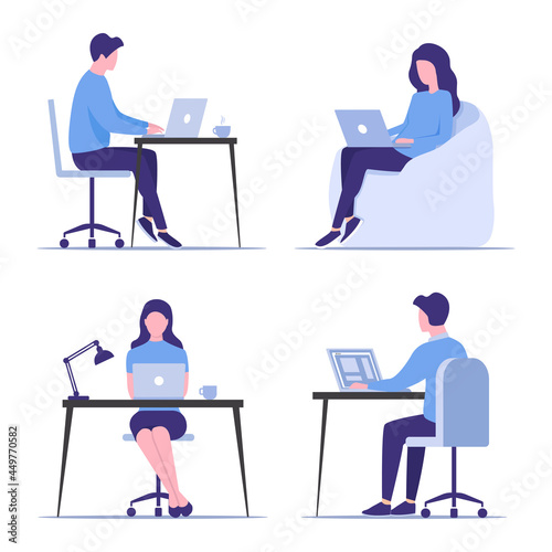 Work and study at home concept. Office work. Colored flat illustration. A person with a laptop. Isolated on white background. 