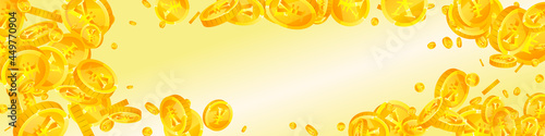 Chinese yuan coins falling. Dazzling scattered CNY coins. China money. Likable jackpot, wealth or success concept. Vector illustration.
