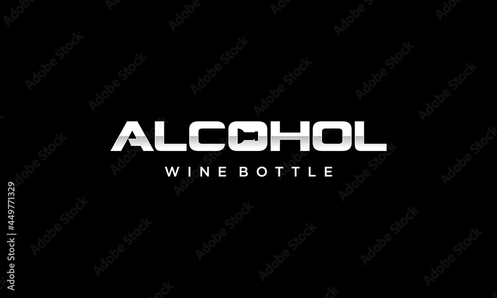 Alcohol Text Typography Wordmark with Wine Bottle Negative Space Logo Design Inspiration