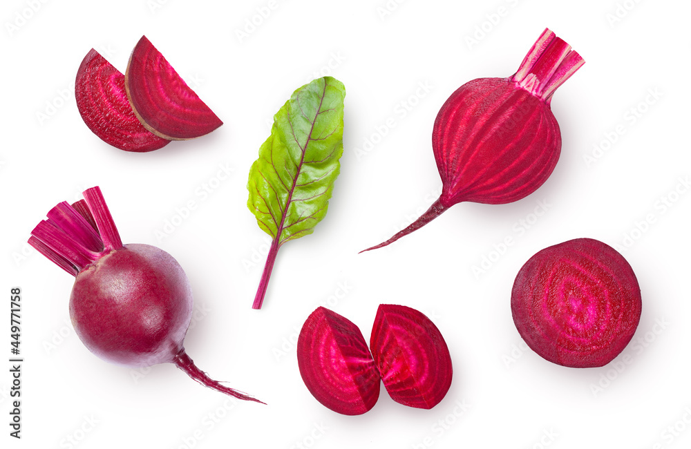 Whole and sliced common beet isolated on white background. Top view. - obrazy, fototapety, plakaty 