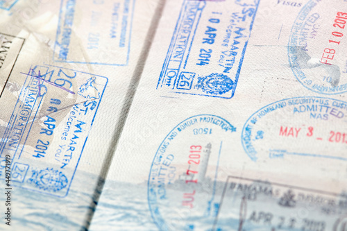 Close-up of stamps in passport photo