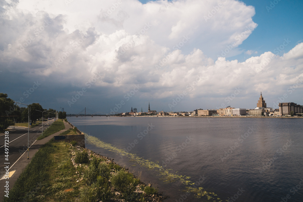 View over Daugava river and Riga city, the capital of Latvia, European famous baltic country