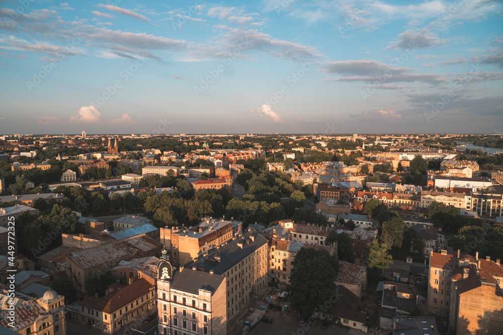 Sunset panoramic aerial view over Riga city, the capital of Latvia, European famous baltic country
