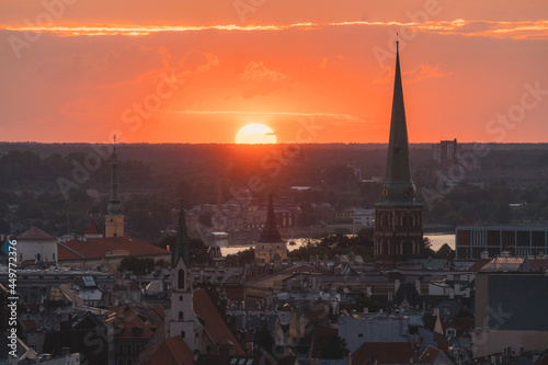 Sunset panoramic aerial view over Riga city, the capital of Latvia, European baltic country